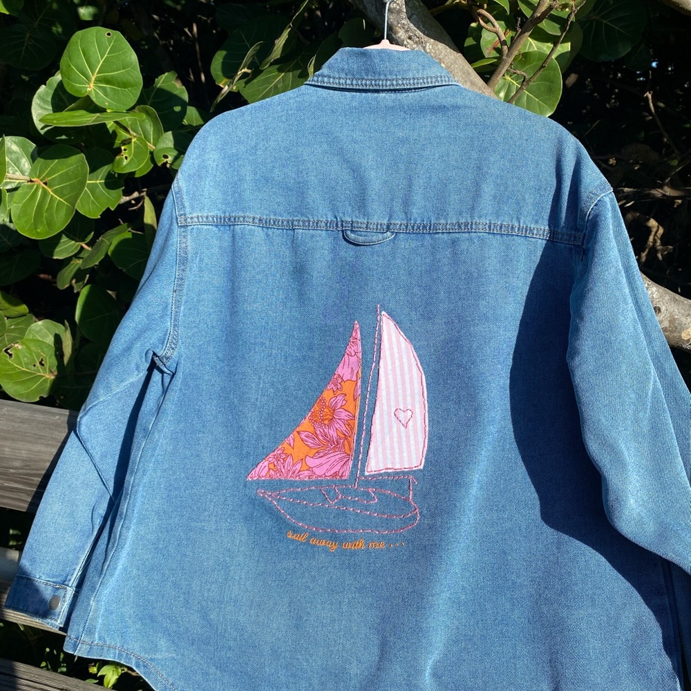 Sail Away with me Denim Shacket with Hand Embroidered Sailboat Design
